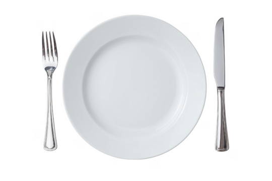 Elegant white plate silverware arrangement ready for a fine dining experience on black background