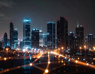 Obraz premium A futuristic city with interconnected light trails from streets and buildings at night.