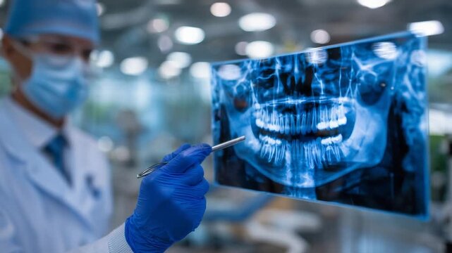 Dentist examines bone structure on a panoramic X-ray in a bright, clinical setting.