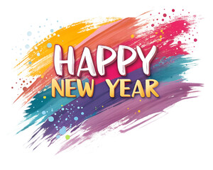 Happy New Year text in abstract brush stroke style, vibrant watercolor textures, colorful dynamic paint strokes, festive celebratory design, artistic modern typography, PNG format, 