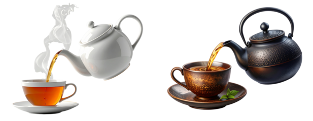  Sat of Elegant Porcelain Teapot Pouring Hot Tea into Classic Cup – Transparent PNG 