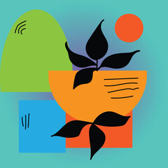 Modern nature artwork with geometric shapes and leaves design