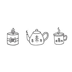 Cozy tea set illustration in line art style in black and white representing warmth relaxation and hygge. Vector hand drawn illustration for stikers, packaging, postcards, social media. Not AI