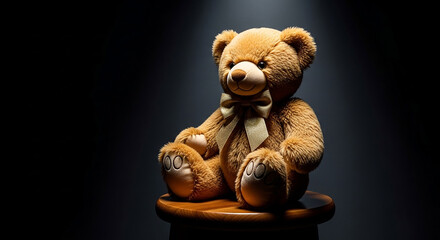"Teddy Bear with Golden Bow on Wooden Stool in Dark Setting"