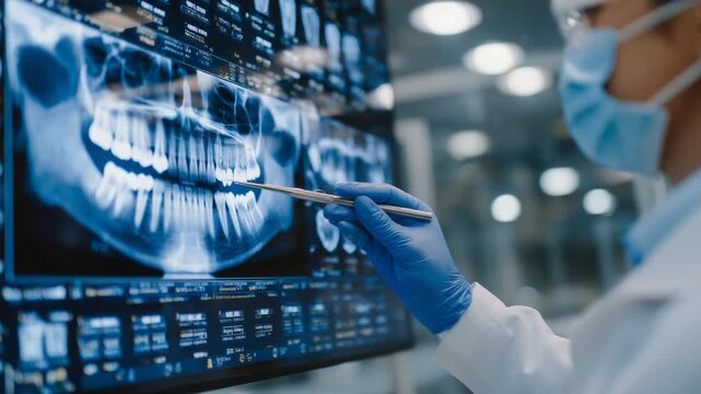 A dentist uses a metal probe to highlight concerns on a large-format dental X-ray display.