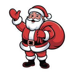 Smiling Cartoon Santa Claus Waving with Gift Bag &ndash; Christmas Illustration