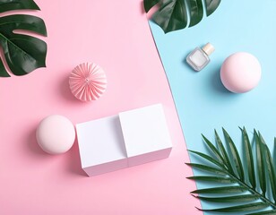 Pink and Blue Minimalist Product Mockup with Tropical Leaves