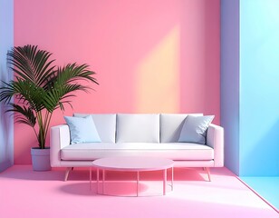 Pink and Blue Minimalist Living Room with White Sofa