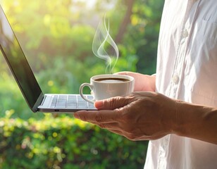 Person Working on Laptop at Outdoor Cafe with Coffee