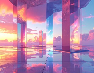Pink and Blue Sunset Reflected in Glass Pillars