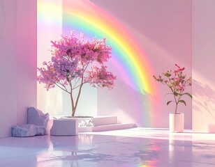 Pink and White Minimalist Room with Rainbow and Blossom Trees