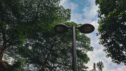 Close-up photo of a double street lamp with a background of green trees and blue cloudy sky. Concept of urban, city infrastructure, and green environment.