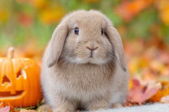 Brown lop-eared bunny sits beside a carved jack o' lantern amidst colorful autumn leaves, creating a festive and playful atmosphere for seasonal celebrations