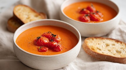 Two white ceramic bowls filled with smooth tomato soup topped with roasted cherry tomatoes, accompanied by slices of toasted bread, creating a warm and inviting dining experience