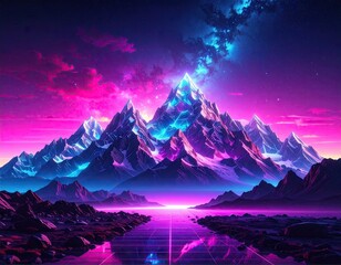 Pixel Art Mountain Landscape at Night with Neon Glow