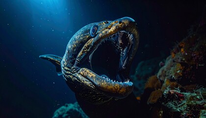Obraz premium Gulper Eel Expanding Mouth in Dark Deep Ocean Spotlight