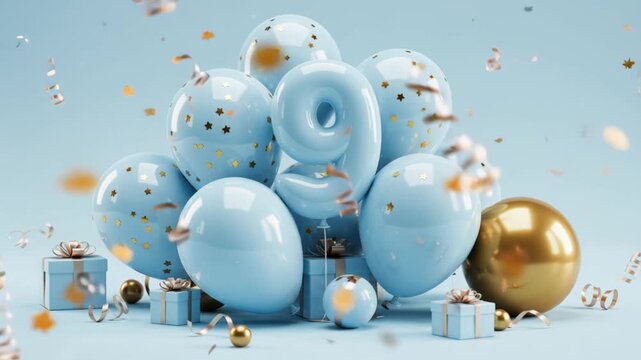 Festive balloons and gifts with floating confetti celebrating a joyful occasion