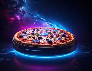 Pizza in Space: Neon Glow and Cosmic Background