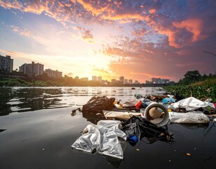 Plastic Pollution at Sunset Cityscape