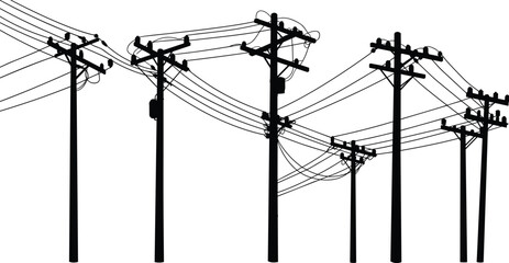Silhouette of electricity power poles with utility lines, communication infrastructure, urban network, industrial energy, distribution system, vector illustration design