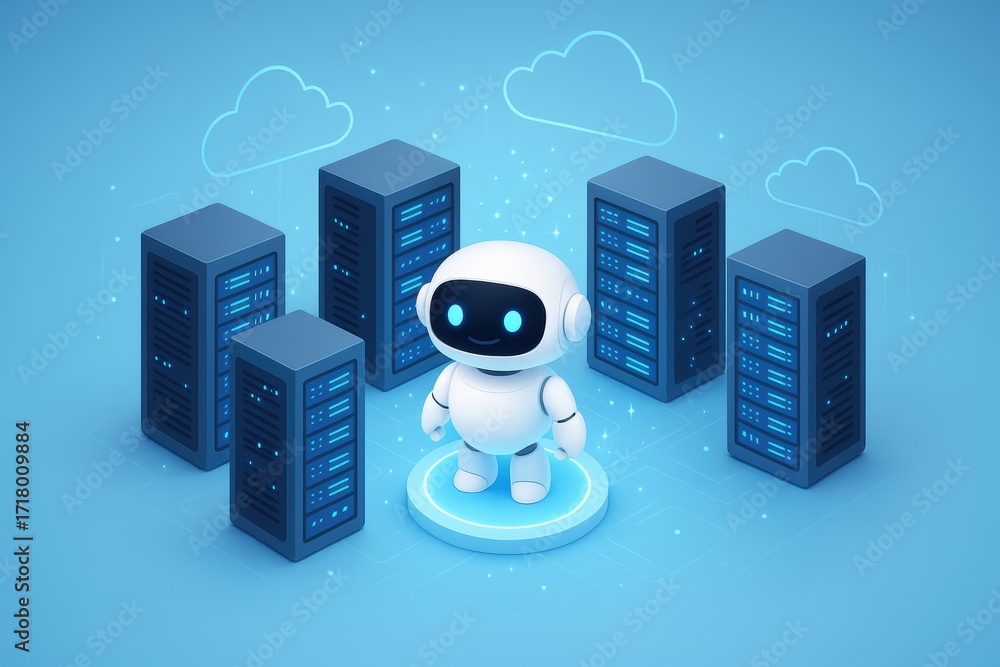 Poster cybernetic sentinel: a charming digital robot stands amidst a cluster of server racks, signifying th