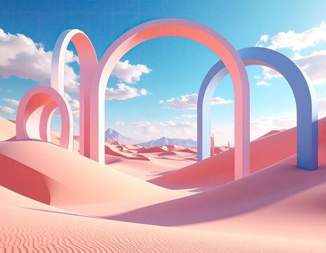 Abstract dunes with metallic arches and a clear blue sky surreal minimal desert landscape background scene of desert with metallic arches geometric design 3d rendering
2 - Powered by Adobe
