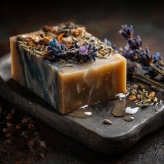 Artisan Lavender Soap Bar on Dark Stone Tray with Floral and Herbal Accents