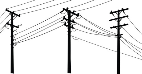 Silhouette of utility electricity poles with power lines, communication infrastructure, urban energy network, industrial distribution system, electric transmission vector illustration