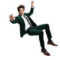 Dapper Gentleman in Emerald Velvet Suit Artistically Suspended on a Transparent Canvas