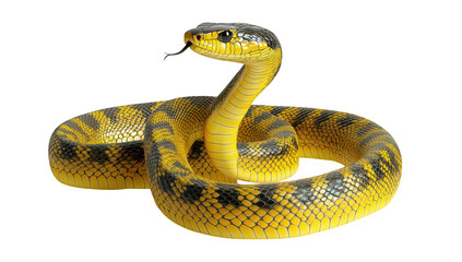 A yellow and black snake coiled elegantly on a smooth white surface. its intricate scales and poised posture. ideal for educational or wildlife-themed content