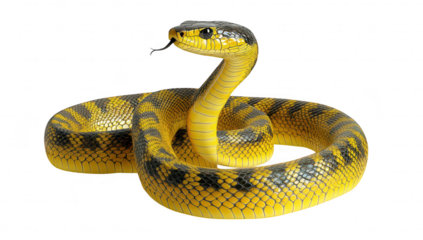 A yellow and black snake coiled elegantly on a smooth white surface. its intricate scales and poised posture. ideal for educational or wildlife-themed content