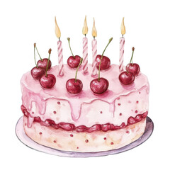A beautifully decorated pink birthday cake topped with cherries and candles. set against a simple white background. perfect for celebrations. invitations. and festive occasions