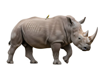 Obraz premium A full shot of a rhinoceros, showcasing its substantial build and textured skin, with a small yellow bird perched on its back against a stark black background.
