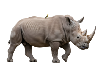 A full shot of a rhinoceros, showcasing its substantial build and textured skin, with a small yellow bird perched on its back against a stark black background.