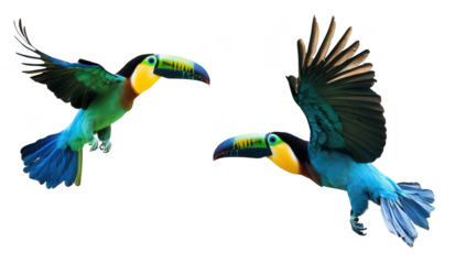 Two toucans in mid-flight their colorful feathers against a white background. emphasizing their natural beauty and grace. ideal for wildlife photography enthusiasts