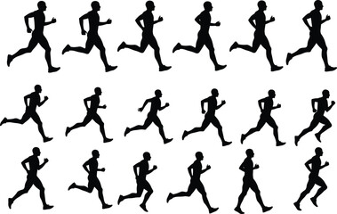 Silhouette running man sequence illustration, athlete jogging motion vector set, sports fitness runner design, black active person graphic collection for training