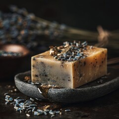 Artisanal Lavender Soap Bar with Honey Drizzle on Dark Textured Surface