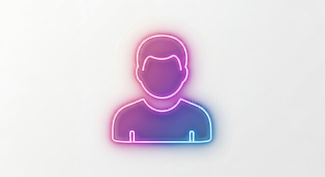 Neon avatar icon outlined in vibrant pink and blue gradients against a plain white background, concept for user interface design, profile representation and app development