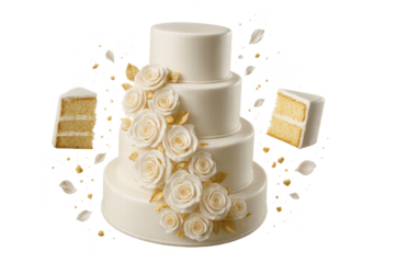 Elegant three-tiered wedding cake isolated on a transparent background space