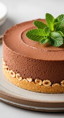 Decadent Chocolate Mousse Cake with Toasted Hazelnuts and Fresh Mint Garnish