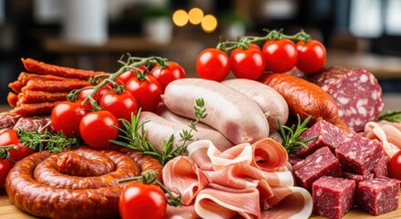Artisanal Charcuterie Delights: A Close-Up of Cured Meats and Fresh Tomatoes