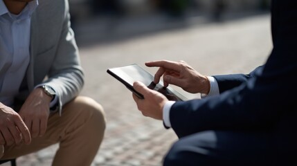 Two business professionals are engaged in discussion while using tablet outdoors. focus is on their hands and device, highlighting collaborative and modern work environment