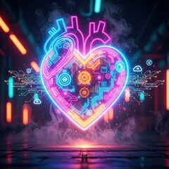 Futuristic Neon Heart Circuit Board Cyberpunk Glow