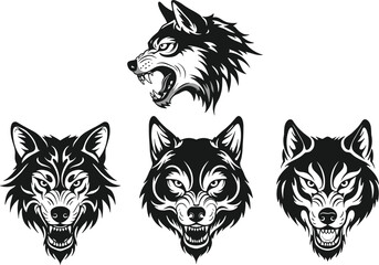 Aggressive wolf head illustration set, fierce wild animal vector art, angry wolf face design, tribal tattoo style predator graphic collection