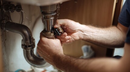 Person is focused on repairing leaking pipe under sink, using wrench to tighten connection. Water droplets are visible, indicating urgent plumbing repair situation
