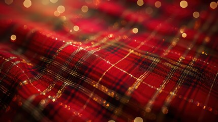 Close-Up of Textured Red Tartan Fabric with Sparkling Bokeh Lights