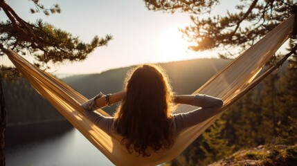 Young woman relaxes in hammock between pine trees, enjoying serene sunset over tranquil lake. peaceful setting evokes sense of calm and connection with nature