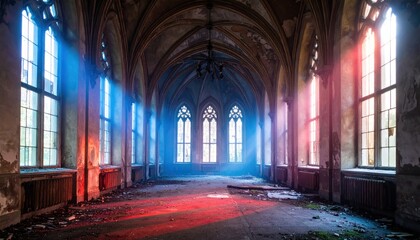 Abandoned Gothic Hall with Sunlight with Decay, and and Ruins.