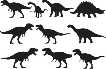 Silhouette dinosaur collection, prehistoric animal vector illustrations, T-Rex, Brachiosaurus, Stegosaurus, Jurassic period creatures, black dinosaur silhouettes for design and education.