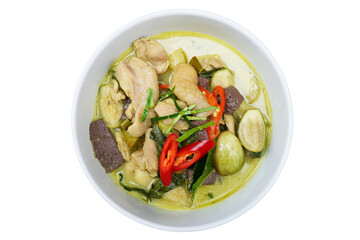 Chicken green curry in a white bowl, die cut white background